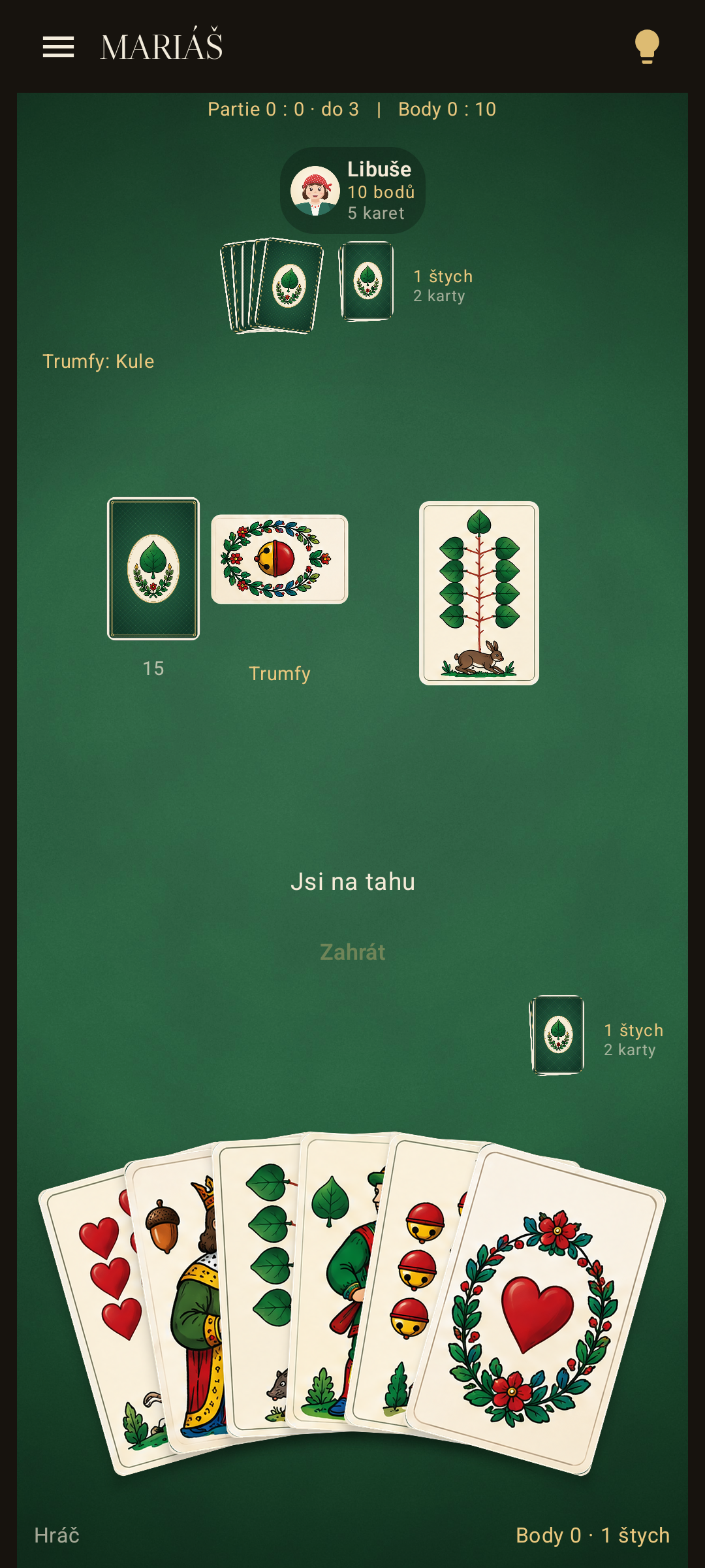 Mariáš in progress: player’s hand, trump and score